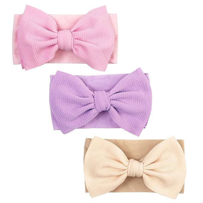 Baby Bow Headbands 3 Pcs Baby Girl Headbands with Bows Soft Nylon Beige/Purple/Pink Headband Bows for Baby Girls, Newborns, Infants