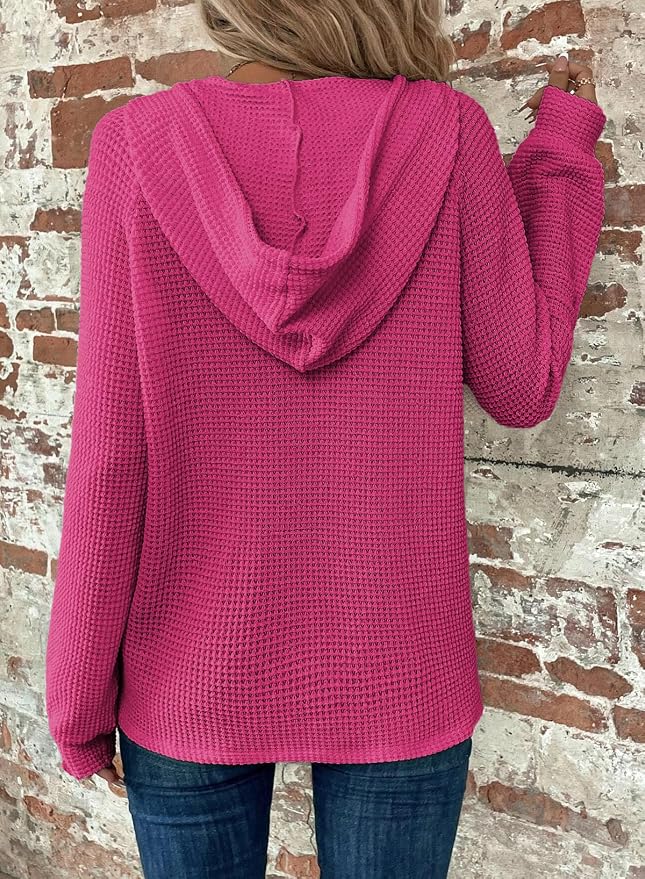 Dokotoo Hoodies for Women Waffle Knit Long Sleeve Drawstring Button V Neck Casual Sweatshirt Hooded Tops Fashion Clothing