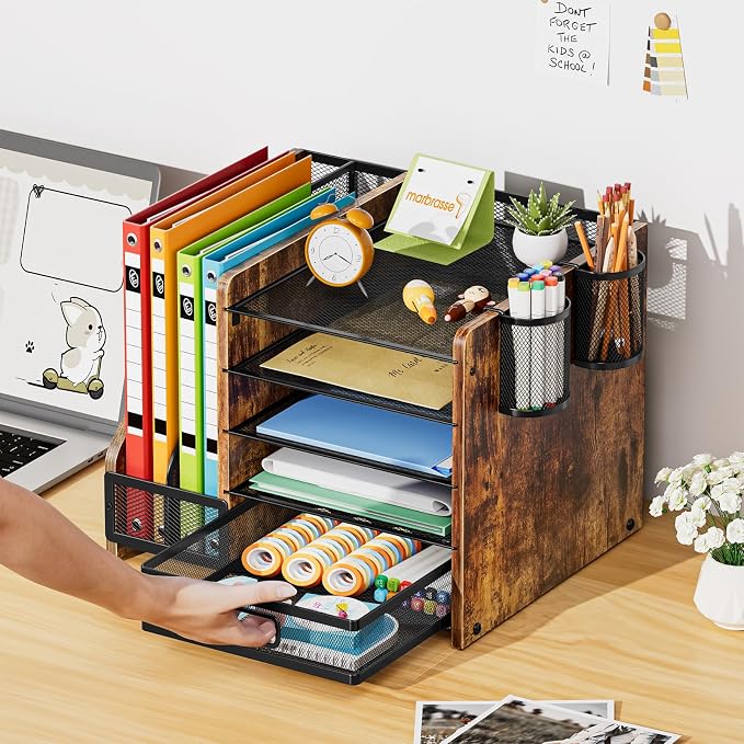 Marbrasse Desk Organizer with File Holder, 5-Tier Paper Letter Tray Organizer with Drawer and 2 Pen Holder, Mesh Desktop Organizer and Storage with Magazine Holder for Office Supplies (Wood-Brown)