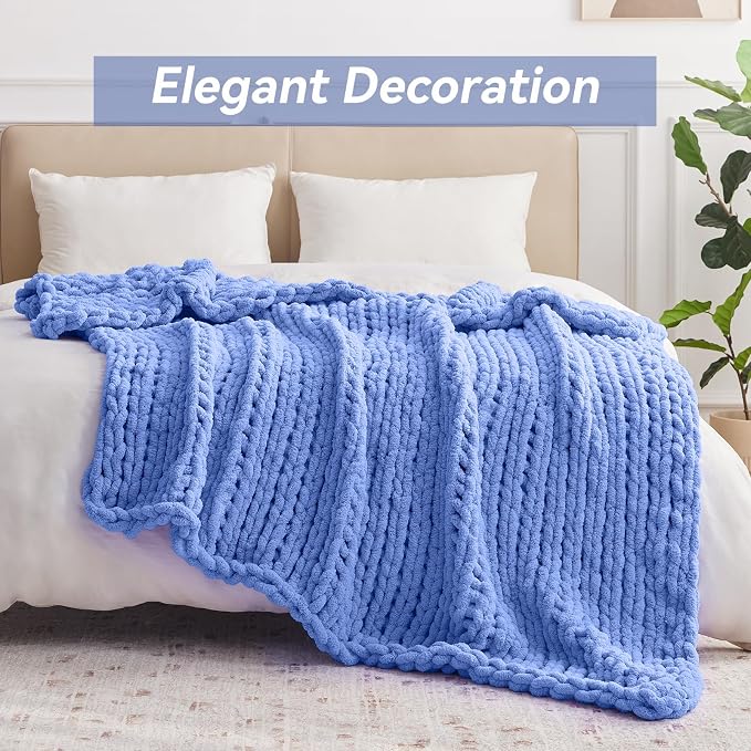 Negwoo Chunky Knit Throw Blanket, Knitted Throw Chenille Yarn, 30"*40" | Soft Thick Cable Knitted Blankets, Handmade Big Thick Blanket, Machine Washable Cute Comfy Blanket for Home Decor, Light blue