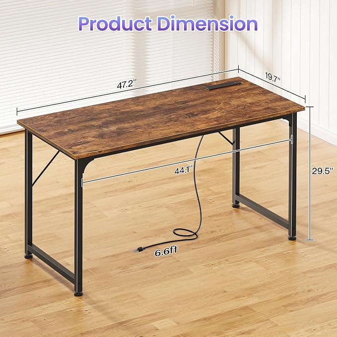 PRAISUN 47 X 20 Inch Computer Desk, Power Outlets, USB-C, Rustic Brown | Office Desk with 4 AC Outlets, USB & USB-C, Sturdy Metal Frame, Spacious Desktop for Work, Writing, Study & Gaming