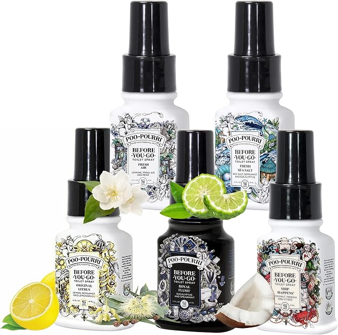 Poo-Pourri Set - Includes Tropical Hibiscus, Lavender, Hollyday Spice and Ship Happens 1.4 Ounce Bottles