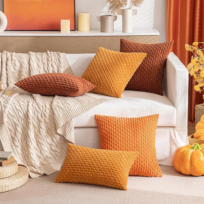 MIULEE Lumbar Fall Decorative Throw Pillow Covers 12x20 Burnt Corduroy | Terracotta Textured Striped Pack of 2 Striped Pillow Covers Modern Farmhouse Autumn Home Decor for Couch Bed Sofa Living Room
