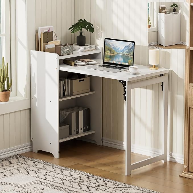 Bamboo Folding Desk with Storage, Foldable Desk for Small Spaces, White | Space-Saving Computer Desk with Storage, Compact Size, Writing Study Table for Home Office, Bedroom, Dorm, Apartment