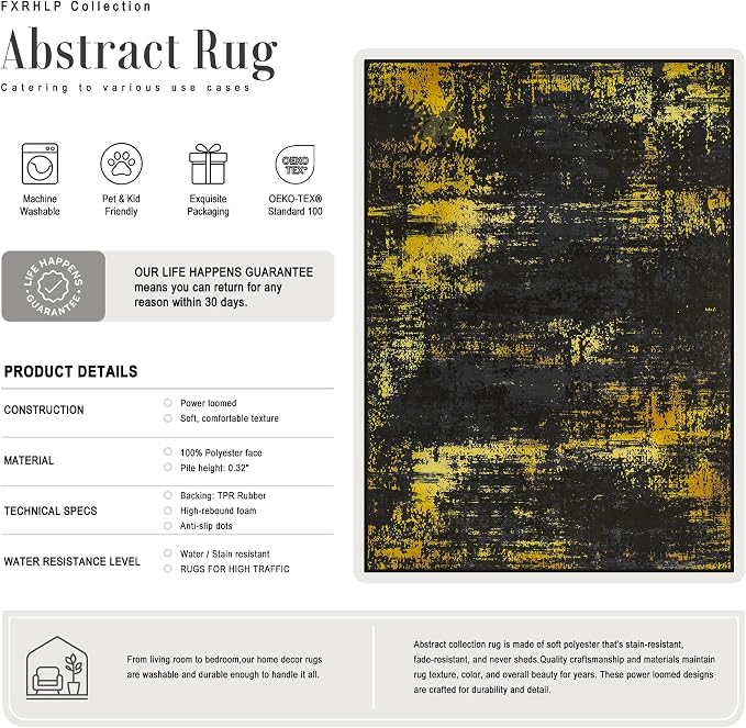 5x7 Area Rug Living Room Rug: Washable Modern Abstract Soft Thin Rug Indoor Floor No Slip Carpet for Bedroom Dining Room Farmhouse Nursery Home Office - Dark Black Gold