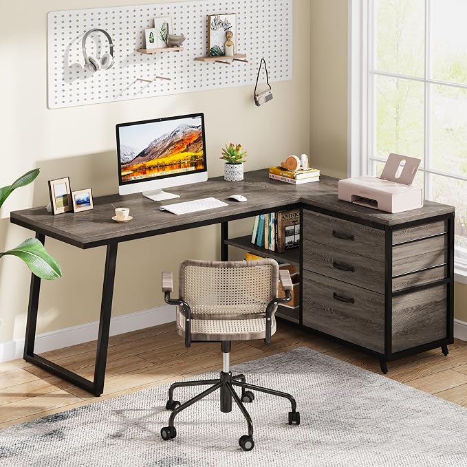 Tribesigns L-Shaped Desk with 3 Drawers, Reversible Corner Home Office Computer Desk with Shelves, 53-Inch Industrial PC Desk Study Writing Table Workstation for Small Space, Grey