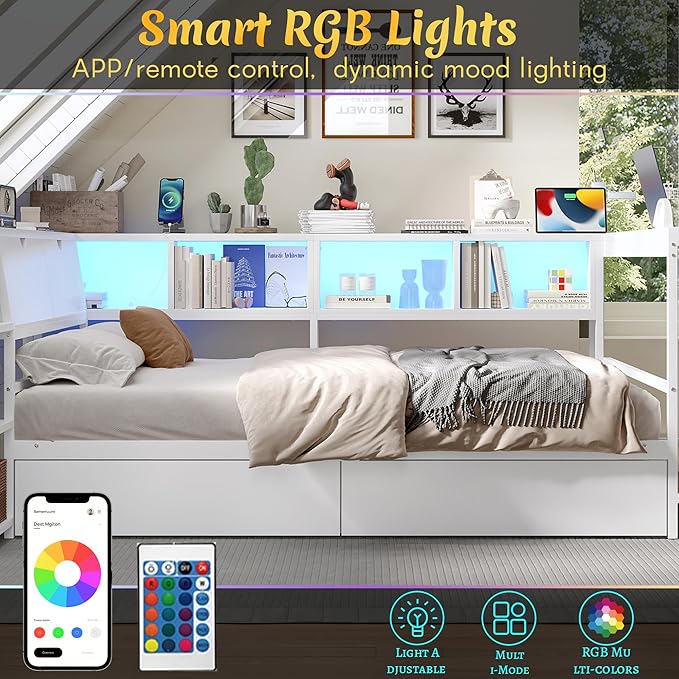 Twin Corner Bed Frame with Desk, LED Lights & Charging Ports, L-Shaped Daybed with Storage Drawers, Bookcase & Open Shelves, Modern Twin Size Daybed for Kids, Teens & Compact Bedrooms,White