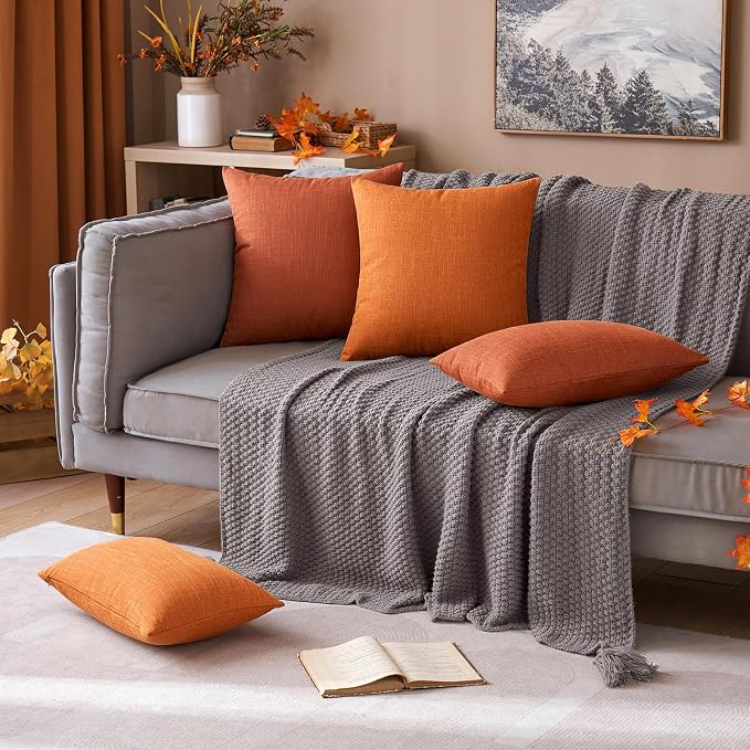 MIULEE Pack of 2 Decorative Linen Burlap Textured Pillow Covers Fall Farmhouse Boho Accent Pillowcases for Sofa Car Couch Bedroom Living Room Decor 20x20 Inch Burnt Orange