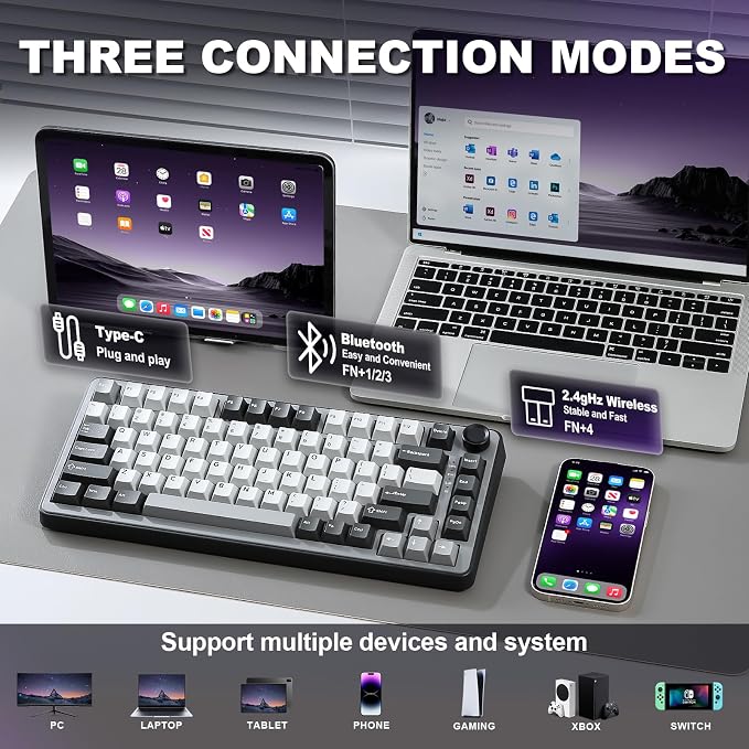 YUNZII B75 PRO 75% Wireless Mechanical Keyboard (Dark Grey,Milk Switch) | Hot Swap Keyboard with Knob, Gasket Mount, Creamy Pre-lubed Switch for Smooth Typing, BT/USB-C/2.4G, for Gaming