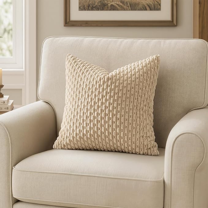 MIULEE Decorative Throw Pillow Covers 20x20 Beige Textured Corduroy | Pack of 2 Striped Pillow Covers Modern Farmhouse Home Decor for Couch Bed Sofa Living Room