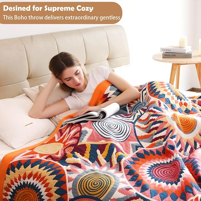 VANJOROY Boho Throw Blanket, 100% Organic Muslin Cotton Skin-friendly Breathable Ultra Soft Bed Quilt Throw - All Season Bohemian Decor Luxury Colorful Blanket for Sofa Couch Chair and Gift. 80" x 90"