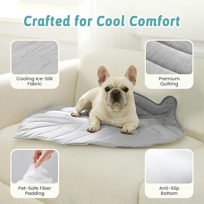 Dog Cooling Mat, Q-Max > 0.4 Leaf Shaped Pet Pad, Liquid Pee Proof Summer Mat for Cats, Washable Sleep Blanket for Bed Couch Floor Indoor, 39x34 inch, Silver Grey