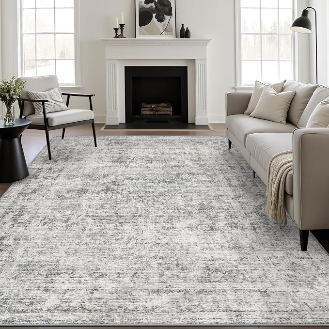 9x12 Area Rug Living Room Rug: Washable Modern Abstract Soft Thin Rug Indoor Floor No Slip Carpet for Bedroom Dining Room Farmhouse Nursery Home Office - Retro Black Grey
