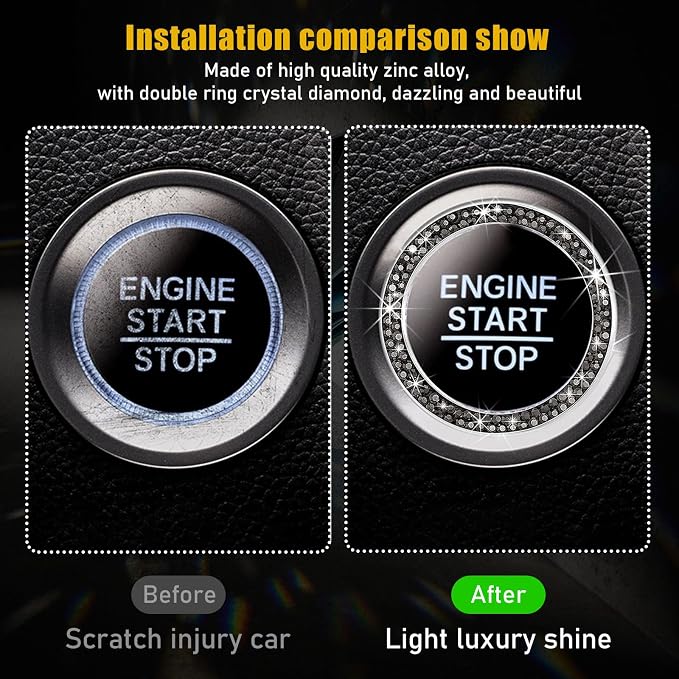Kewucn Bling Crystal Double Rhinestone Car Engine Start Decoration Ring, Sparkling Push Start Button Sticker, Key Ignition & Knob Ring Decoration, Bling Car Interior Accessory (Bright Black)