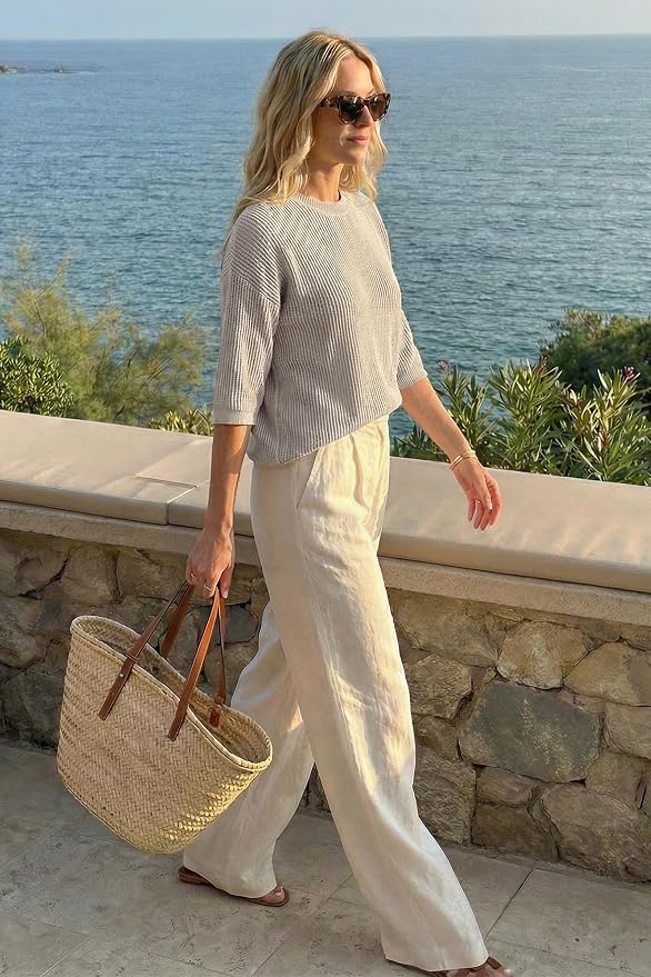 Arach&Cloz Womens Summer 100% Cotton Oversized Crochet Tops 3/4 Length Sleeve Sweater Hollow Out Casual Blouses 2026