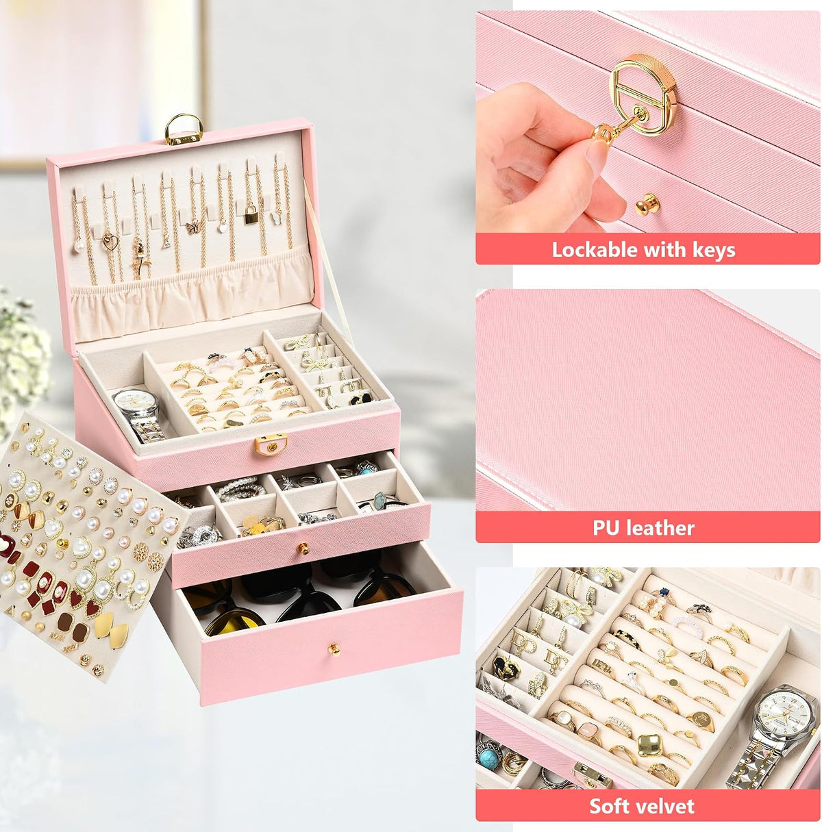 Jewelry Box, 3 Layers Leather Jewelry Storage Display Box for Women, Gift Case, 2 Drawers, Large Capacity for Necklace Earrings Bracelets Rings, Pink