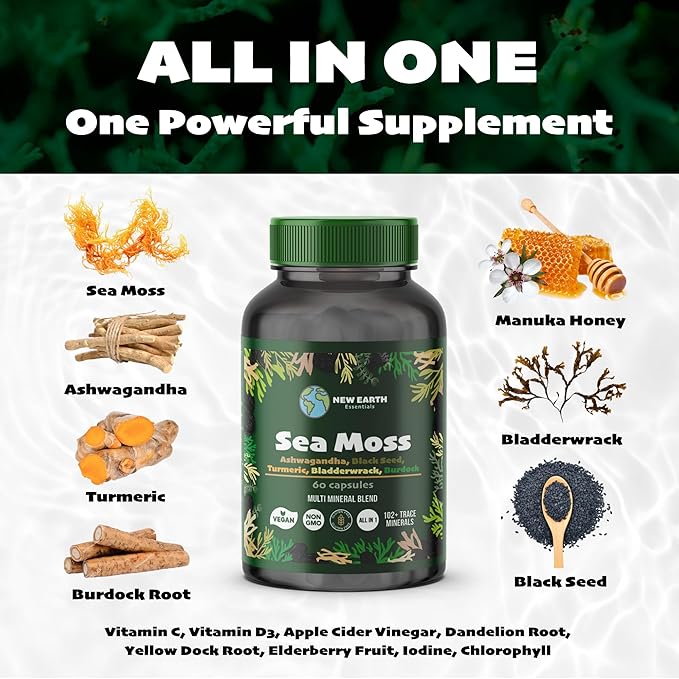 Sea Moss with Black Seed Oil, Ashwagandha, Turmeric, Bladderwrack, Burdock Root, Manuka Honey, Vitamin C & D3, Apple Cider Vinegar, Dandelion Root, Yellow Dock Root, Elderberry Fruit, Chlorophyll