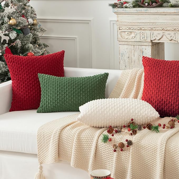 Kevin Textile Soft Corduroy 12"x24" Lumbar Pillow Cover 1 Pack, Red | Boho Stripe Plush Corduroy Decorative Oblong Cushion Cover Modern Farmhouse Home Decor for Sofa Couch Bed Chair