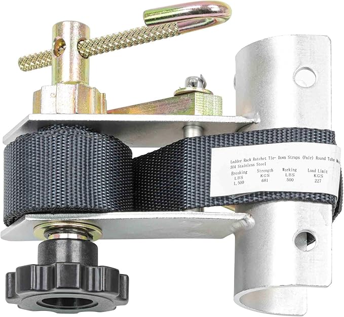 Mytee Products (2 Pack) 1-1/2" x 7' Ladder Rack Ratchet Tie-Down Straps (Pair) Round Tube Mount, 304 Stainless Steel