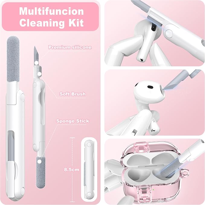 for AirPods 4th Generation Case Cover 2024, Military-Grade Shockproof Transparent Anti-Yellowing, Charging Port Dust-Proof & Stand Design with Cleaning Kit for AirPods 4 Case, Crystal Pink