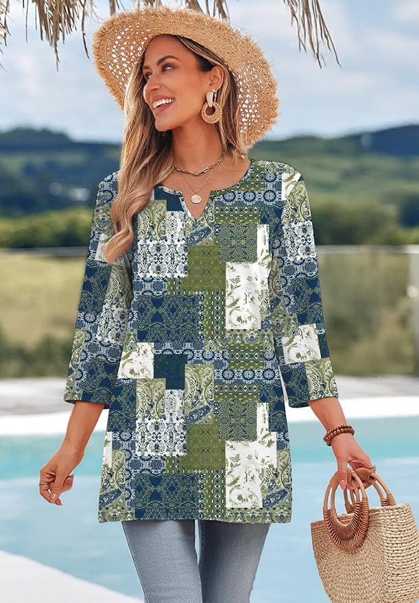 OFEEFAN Summer Boho Tops For Women 3/4 Length Sleeve Womens Tops Vacation Outfits