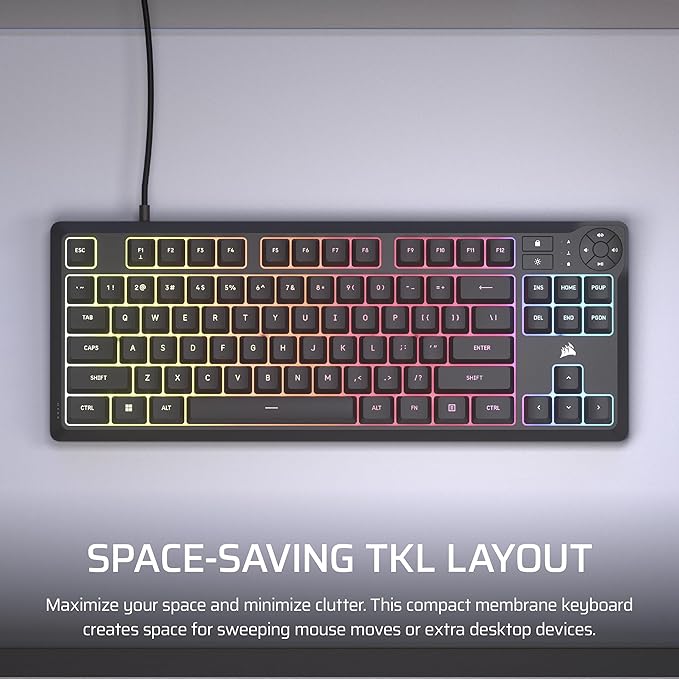 Corsair K55 CORE TKL RGB Gaming Keyboard – Tenkeyless, 8-Zone RGB, Quiet Membrane Keys, Spill Resistant, Media Keys, 1000Hz Polling – NA Layout – Black