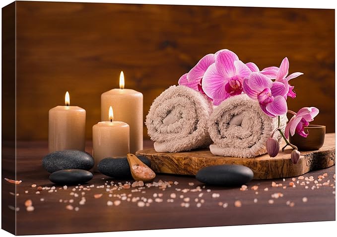 wall26 Canvas Print Wall Art Meditation Orchid Flower Massage Stones Zen Candles Nature Wilderness Photography Realism Rustic Landscape Colorful Multicolor for Living Room, Bedroom, Bathroom - 12"x18"