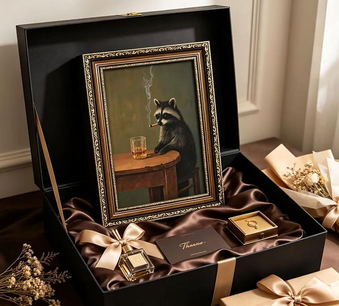 Vintage Gold Framed Smoking Raccoon Wall Art, Moody Dark Funny Animal Whiskey Cigar Canvas Print, Humor Funny Raccoon Wall Decor, Retro Bar Cart Poster Artwork, for Study Office Bar Decor, 12x16in