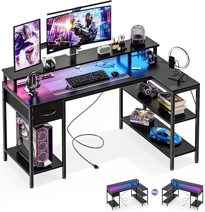 DUMOS 53 Inch Gaming Desk, L Shaped Desk, LED Lights | Monitor Stand, Storage Shelves, Computer Table, USB Charging Ports, Power Outlets, Small Spaces, Black