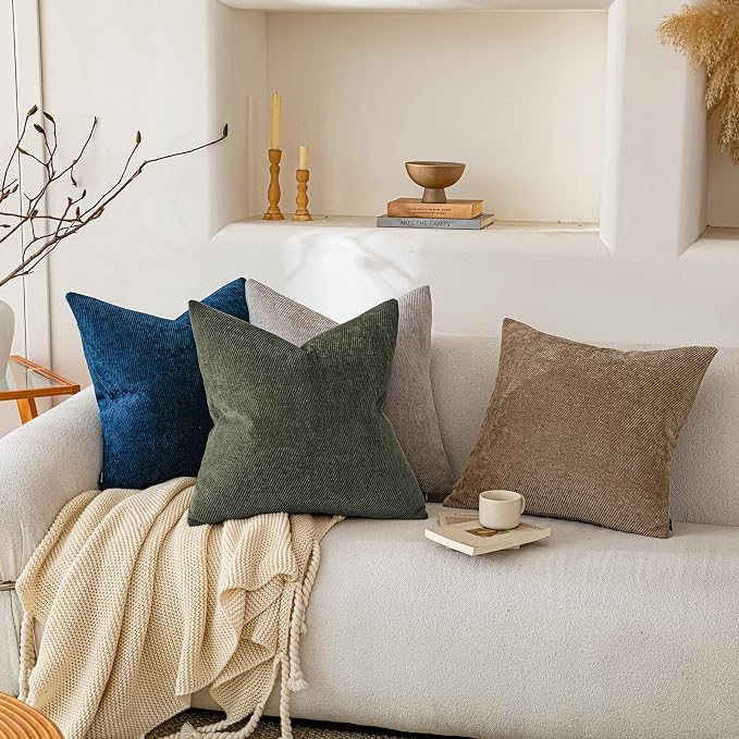 a moment Pack of 2 Decorative Chenille Throw Pillow Covers with Twill Cushion Covers for Sofa Living Room Couch Bed 16x16 Inch Olive Green