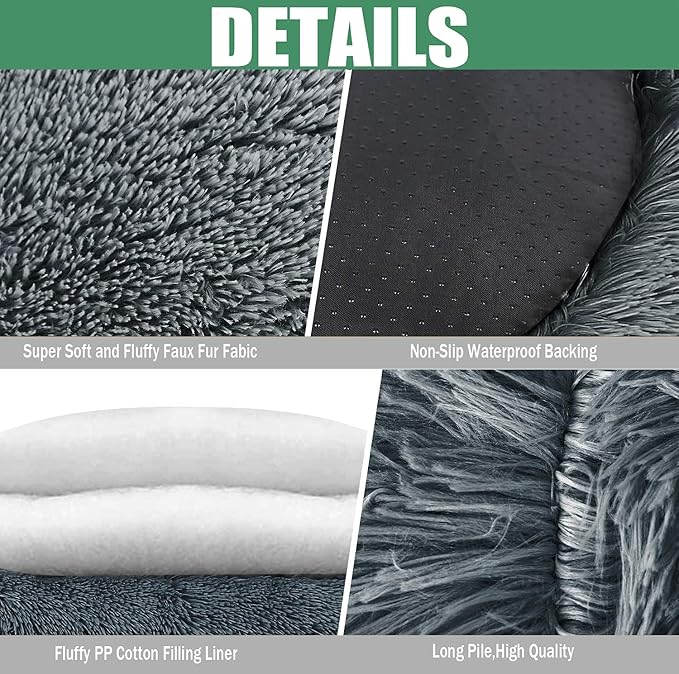Calming Faux Fur Dog Beds Calming Donut Cuddler Dog Bed Washable Round Cat Bed Pillow Cuddler Fluffy Indoor Dog Calming Beds with Anti Slip Bottom Solid Color Coffee 23 Inch