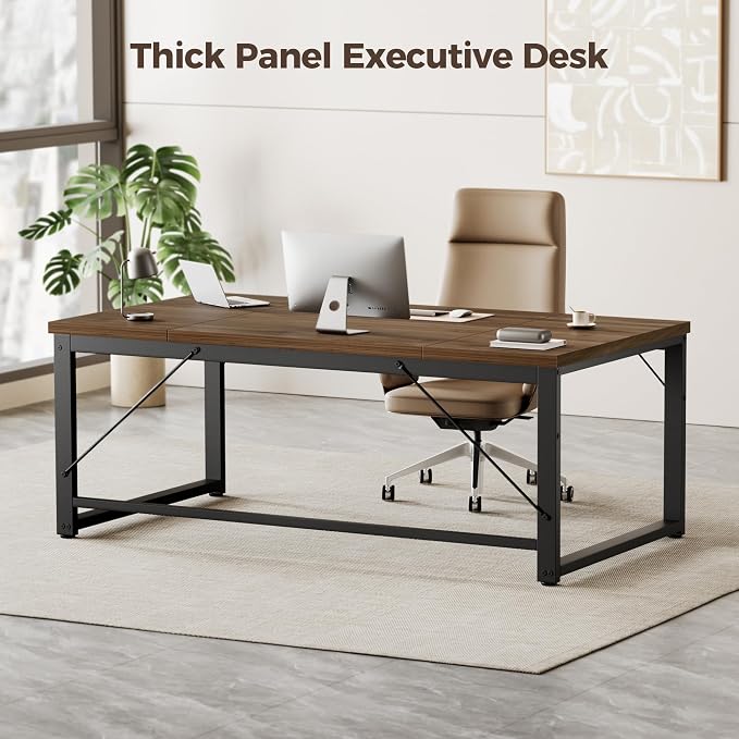 Mericonia 63 Inch Computer Desk, 1" Thick Large Office Table, Walnut | Modern Simple Style, Heavy Duty Industrial Frame, Large Study & Writing Table for Home Bedroom Work