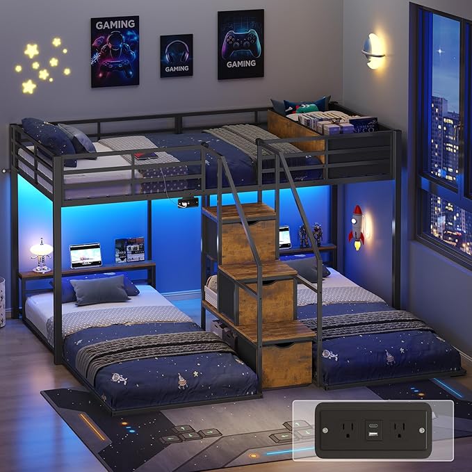 ADORNEVE Triple Bunk Bed with Storage Staircase, RGB Lights & Charging Station, Twin Over Twin, Heavy Duty Metal 3 Bunk Beds with Drawers & Headboard Shelf, Safety Guardrails, for Kids, Black