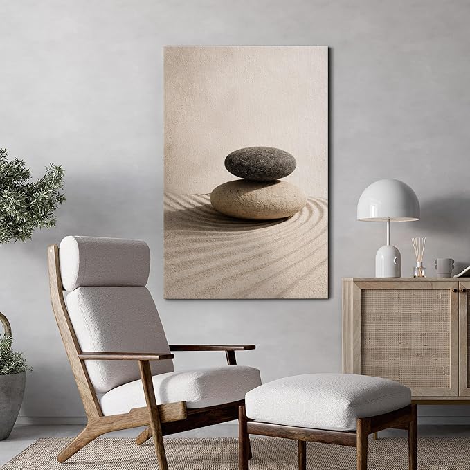 wall26 Canvas Print Wall Art Balanced Zen Stones on Raked Sand Minimal Neutral Photography Realism Rustic Colorful Multicolor for Living Room, Bedroom, Bathroom - 32"x48"