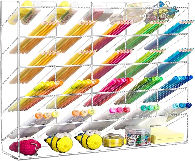 BEYGORM Acrylic Vertical Marker Organizer for 310 Markers, Desk Orgaizer | 26 Compartments Clear Angled Pen & Pencil Holder, Large Stationery & Art Supply Storage for School (14.9 x 12.4 x 4 Inch)