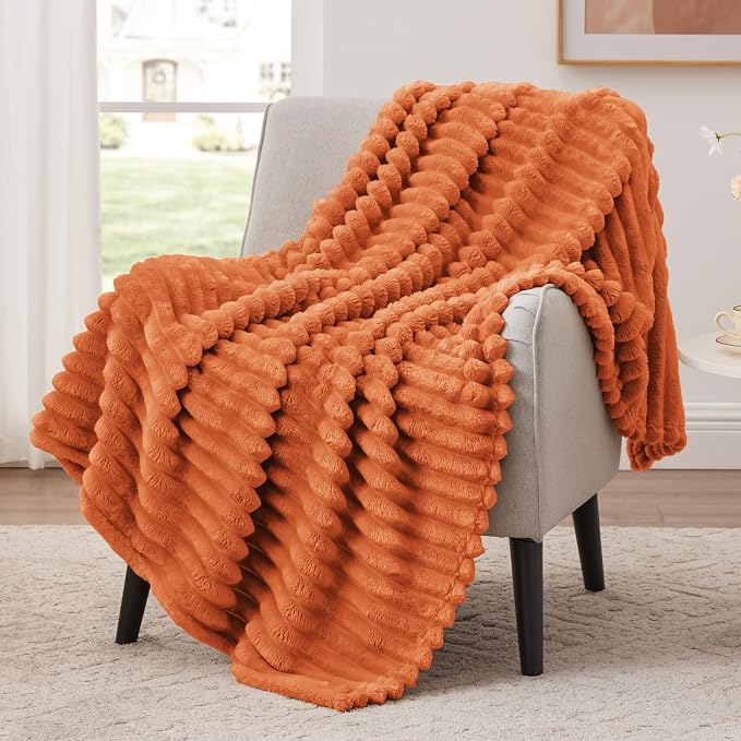 EXQ Home Fall Throw Blanket for Couch or Bed - 3D Stripe Jacquard Decorative Fleece Blankets - Cozy Soft Lightweight Fuzzy Flannel Blanket Suitable for All Seasons(50"×60",Orange)