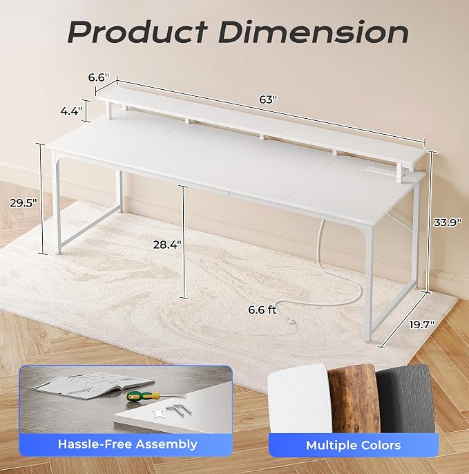 PRAISUN 63 inch Gaming Desk, LED & Power Outlets, Monitor Stand, White | Sturdy PC Desk for Home Office, Study & Work, LED Lights, 4 AC Outlets & USB-C Charging Station