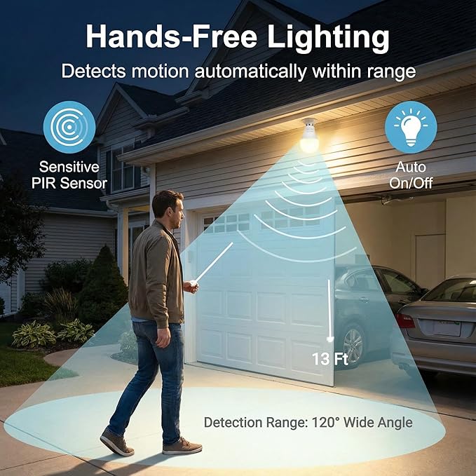 12W Motion Sensor Light Bulbs (100W Equivalent), 5000K Daylight, Motion Activated Light Bulb with Dusk to Dawn Sensor for Outdoor & Indoor,Porch, Stairs, Hallway, 4-Pack