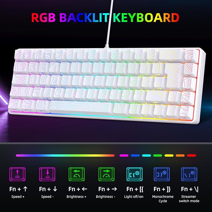 Snpurdiri 65% Wired Gaming Keyboard, 68 Keys RGB (Contour-line, White) | Backlit Ultra-Compact Small Gaming Keyboard, for PC/Mac Gamer, Typist, Travel, Easy to Carry on Business Trip