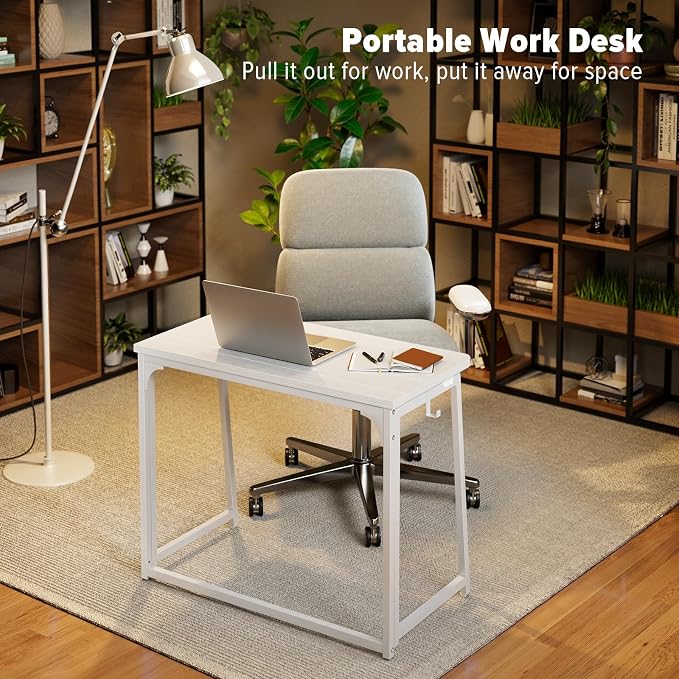 WOHOMO Folding Desk, 31.5" Foldable Computer Table for Small Spaces, White | Easy Assembly and Fold, Sturdy Home office desks for Study Bedroom Dorm Space Saving Writing Work Apartment