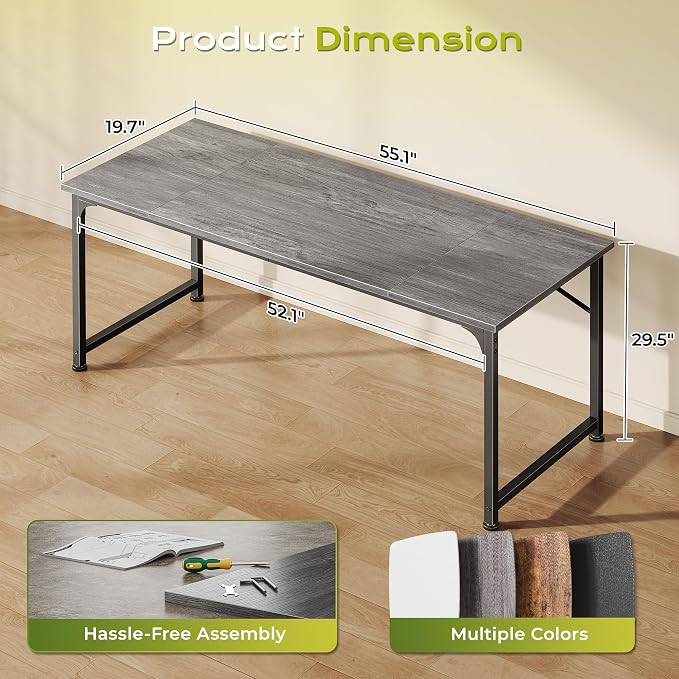 PRAISUN 55 Inch Computer Desk, Home Office Desk with Spacious Desktop, Grey | Modern Gaming Desk for Bedroom, Study, Work, Gaming & Writing, Large Legroom, Sturdy Metal Frame