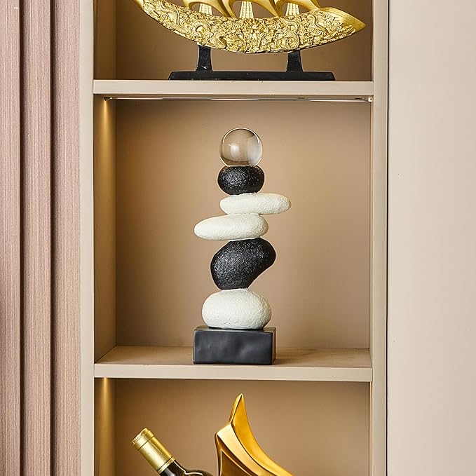 FJS Modern Fake Stone Sculpture Decor for Living Room, Black and White Stacked Statue for Coffee Table Centerpiece, Resin Sculptures for TV Stand Shelf Bookshelf Decorations, Gifts for Good Luck