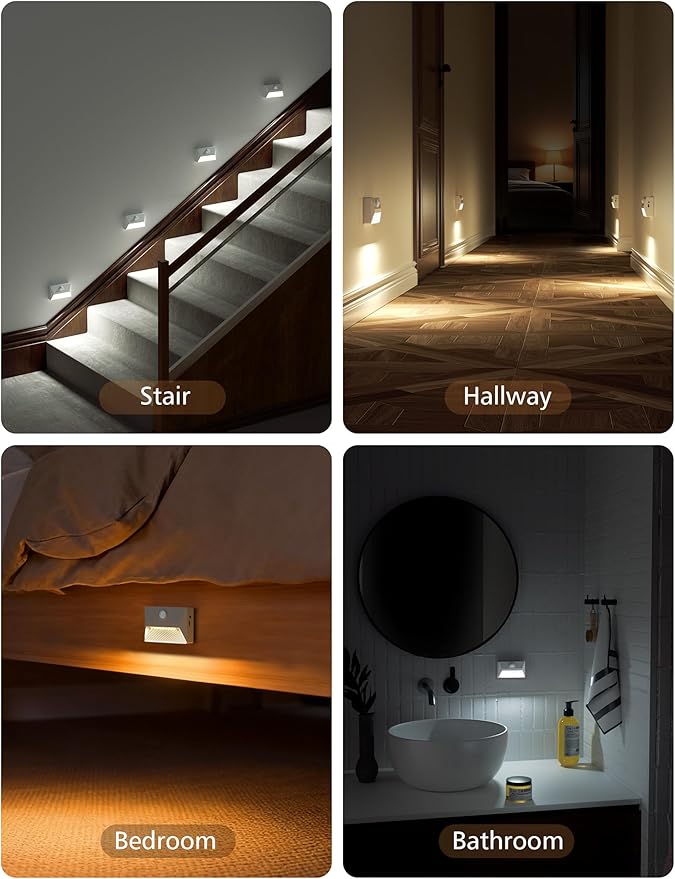 NIORSUN Motion Sensor Night Light, Rechargeable Stair Lights Indoor, 3 Colors and Motion Modes 2000mAh Battery Night Light with Light Sensor for Stairway, Hallway, Bathroom, Kitchen White 8 Pack