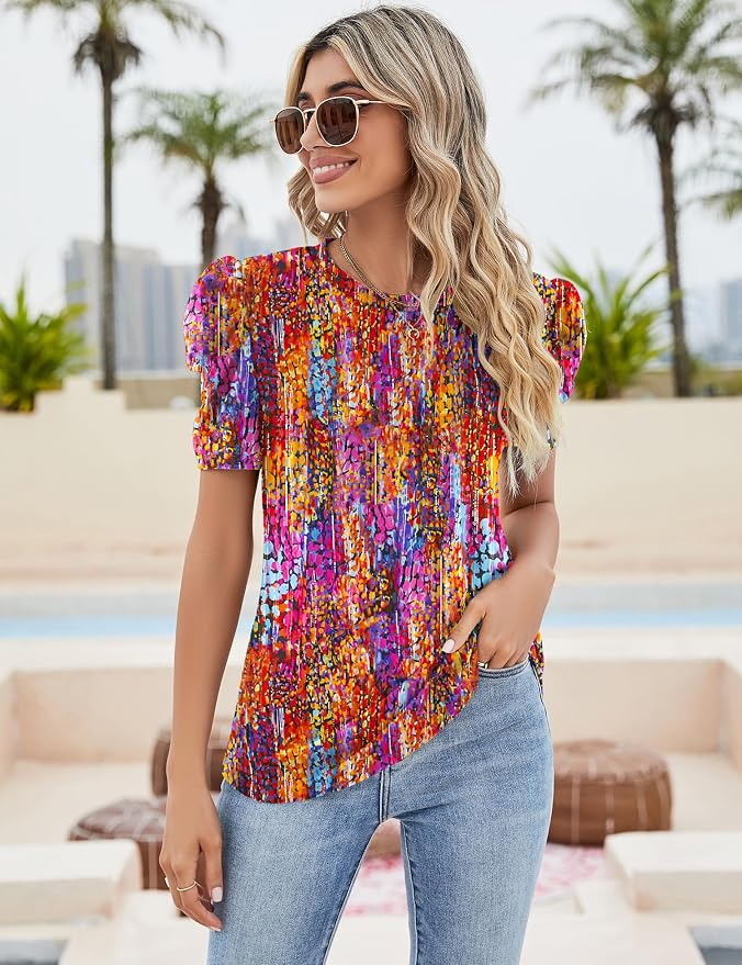 Ivicoer Puff Short Sleeve Shirt for Women Eyelet Tops Summer Crewneck Blouse Loose Fit S-XXL
