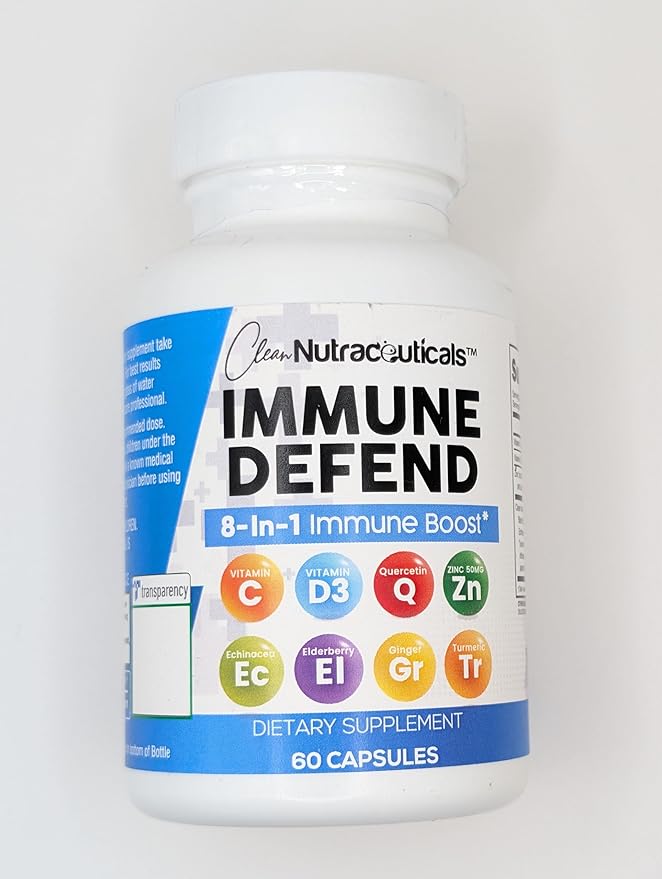 Clean Nutraceuticals Immune Defense Support Supplement 8 in 1 with Zinc 50mg Quercetin, VIT C 1000mg, Vitamin D3 5000 IU, Elderberry, Ginger - Immunity System Booster for Adults, Vegan - 60 Count