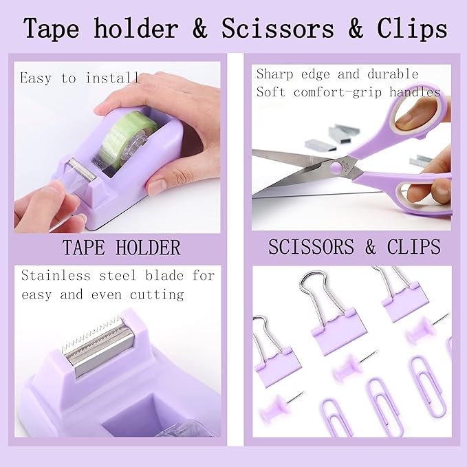Purple Office Desk Accessories Supplies, 12pcs Desk Organizers and Accessories with Tape dispenser and Stapler,Staples,Staple Remover,Pen Holder,Scissor,Ruler,Sticky Tabs,Tape,Ballpoint Pen,Clips Set
