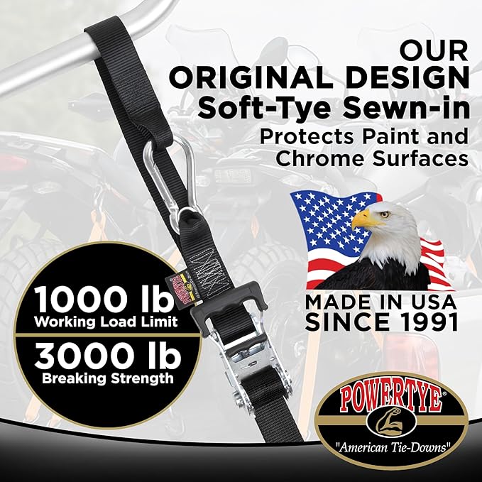 PowerTye 1.5in x 6.5ft Heavy Duty Ratchet Tie-Down Straps with Soft-Tye and Carabiner Hooks - 1,000 lb Working Load Limit / 3,000 lb Breaking Strength - Made in USA - Blue/Black Pair