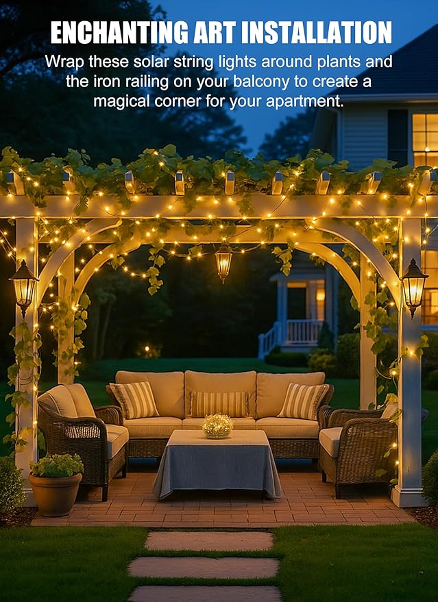 Brightown Solar String Lights, 2 Packs Total 66Ft 200 LED Solar Fairy Lights with 8 Modes, Waterproof Solar Lights for Outside Patio Yard Tree Wedding Christmas(Warm White)