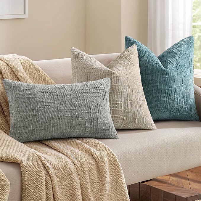 decorUhome Textured Chenille Throw Pillow Covers 16x16 Set of 2 Light Brown | Fall Modern Farmhouse Soft Cozy Slubby Couch Pillow Cases Boho Decorative Pillow Cases for Bed Sofa Living Room Home Decor