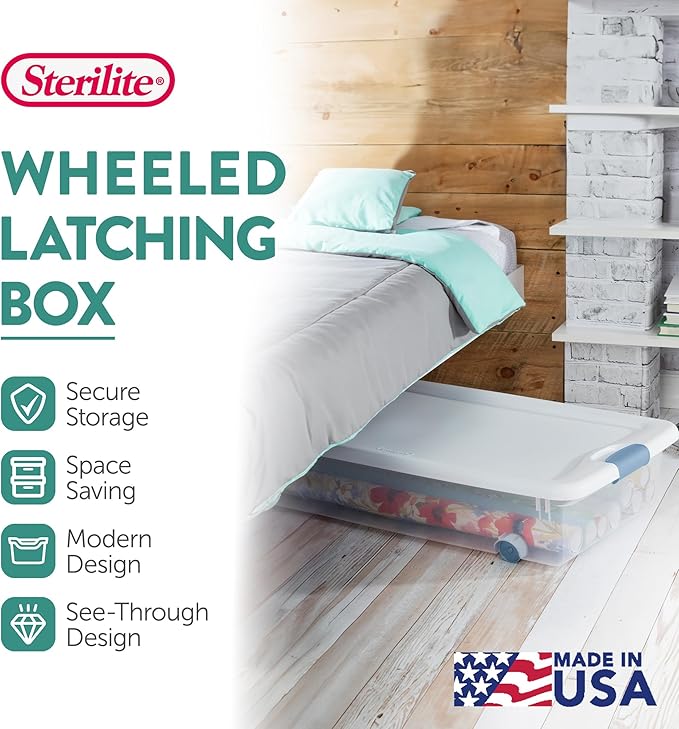Sterilite 4-Pack 56 Quart Wheeled Latching Box, Underbed Clear Plastic Storage Organizer - Under Bed Rolling Container Bin with Lid and Wheels for Home or Dorm Bedrooms and Closets
